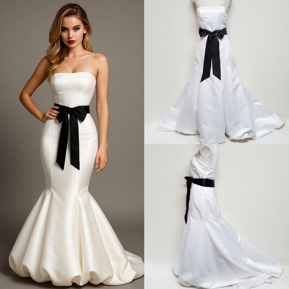 Gunne Sax Jessica McClintock Vintage 90s White Satin Tie-Waist Train Maxi Dress